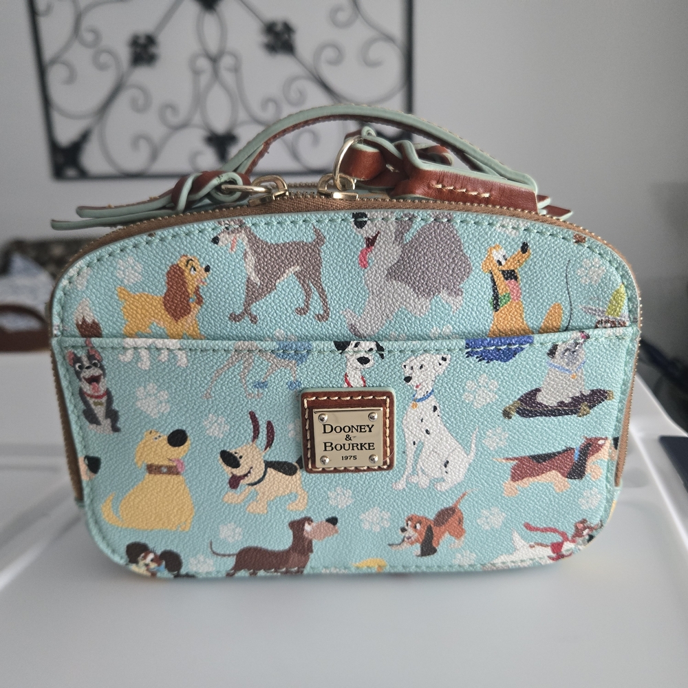 Dooney & Bourke Aqua Dog Print Cosmetic Case with Tan Trim